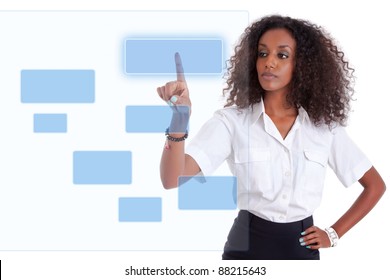 Young African American Business Woman Pushing Or Pointing A Transparent Screen Isolated On White Background