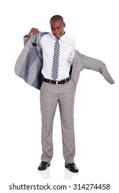 Young African American Businessman Putting On Suit Jacket Isolated On White