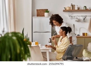 A young African American couple shares a loving breakfast in their stylish apartment, full of joy. - Powered by Shutterstock