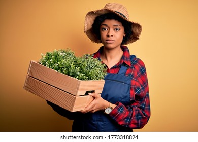 Young African American Farmer Woman With Curly Hair Wearing Apron Holding Box With Plants With A Confident Expression On Smart Face Thinking Serious