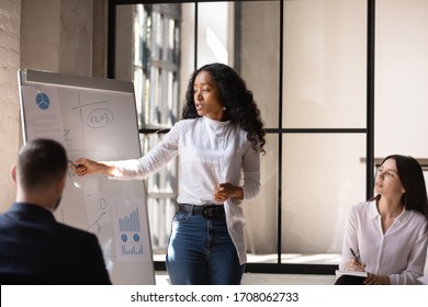 Young African American female coach or speaker make whiteboard presentation for diverse employees in office, focused biracial woman trainer present business project on flip chart at meeting