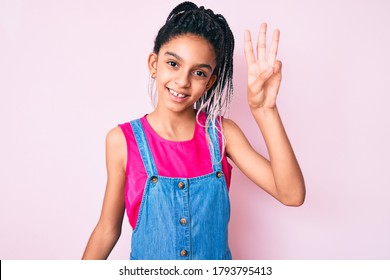 Young African American Girl Child With Braids Wearing Casual Clothes Over Pink Background Showing And Pointing Up With Fingers Number Three While Smiling Confident And Happy. 