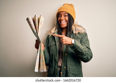 Young African American Girl Going On Vacation Holding Turist City Map Over Isolated Background Very Happy Pointing With Hand And Finger