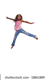 Young African American girl jumping in the air  Isolated over white