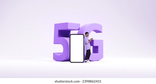 Young African American man standing with smartphone near big phone with mock up display and 5G sign. Concept of telecommunication and internet connection