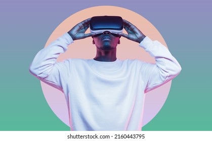 Young African American man in white sweater  wearing virtual reality headset over blue retro gradient background  VR concept