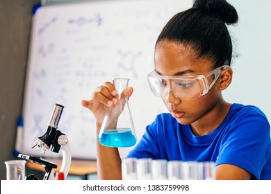 Young African American mixed kid testing chemistry lab experiment and shaking glass tube flask along with microscope - science and education concept - Powered by Shutterstock
