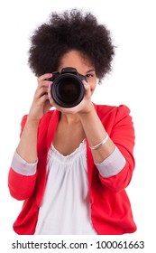 Young African American  Photographer With Camera, Isolated On White Background