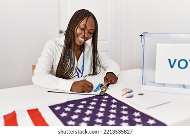 Young African American Politic Party Worker Working At Electoral College.