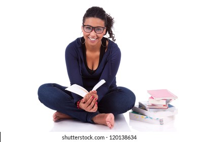 Young African American Student Girl Reading A Book, Isolated On White Background