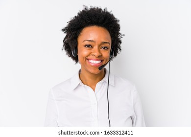 Young African American Telemarketer Woman Isolated Happy, Smiling And Cheerful.