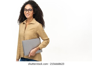 Young African American Woman With Afro Hairstyle Wearing Smart Casual Wear And Stylish Eyeglasses Standing Isolated On White , Carrying Laptop Computer, Smiling, Female Office Employee, Student