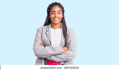 Young African American Woman With Braids Wearing Business Clothes Happy Face Smiling With Crossed Arms Looking At The Camera. Positive Person. 