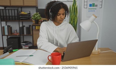 A young african american woman with curly hair is working on a laptop at her office desk and wearing headphones while surrounded by notebooks, a red mug, and a desk lamp. - Powered by Shutterstock