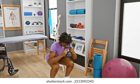 A young african american woman with dreadlocks exercises in a rehab clinic using a kettlebell. - Powered by Shutterstock