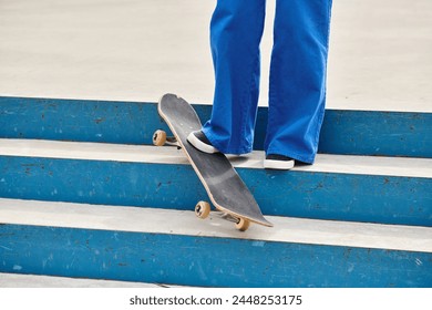 A young African American woman skillfully balances on a skateboard while standing on a step in an urban skate park. - Powered by Shutterstock