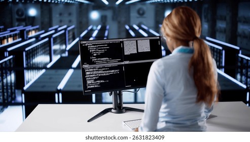 Young African American Woman Working On AI Technology In Server Room.
