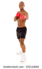 Young African Boxer Doing Exercise On White Background