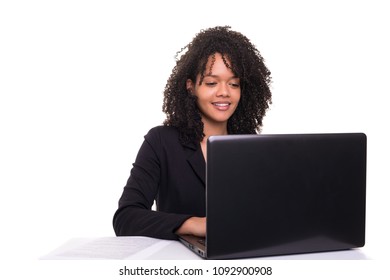 Young African Business Woman Working With A Laptop Pc, Isolated Over White