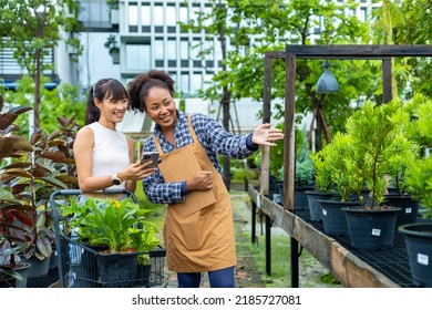 Young African Customer Is Choosing Exotic Plant From The Local Garden Center Nursery With Shopping Cart Full Of Summer Plant For Weekend Gardening And Outdoor Concept