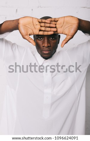 Image, Stock Photo African student with a bald head wearing a white shirt