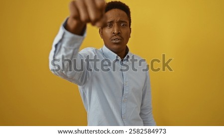 Similar – Image, Stock Photo Thoughtful young bold African American female model in trendy outfit and sunglasses looking away on pink background