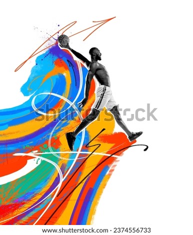 Young african man, professional basketball player in motion, throwing ball with hand and wins. Creative art collage. Concept of professional sport, competition and match, dynamics. Poster, ad