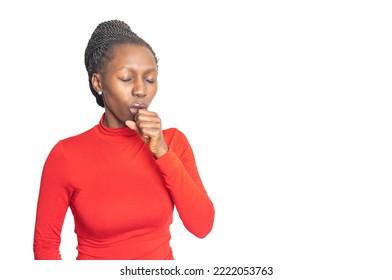 Young african woman coughing and covering her mouth. Isolated white background - Shutterstock ID 2222053763