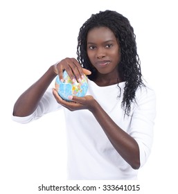 Young African Woman Is Holding A Globe Isolated