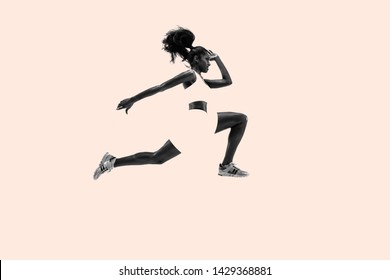 Young African Woman Running. Creative Collage. One Female Runner Or Jogger. Silhouette Of Jogging Athlete. Concept Of Sport, Healthy Lifestyle, Motion, Action And Movement, Female Strenght.