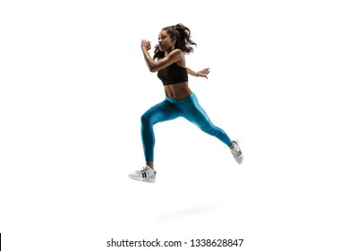 Young African Woman Running Isolated On White Studio Background. One Female Runner Or Jogger. Silhouette Of Jogging Athlete