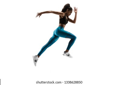 Young African Woman Running Isolated On White Studio Background. One Female Runner Or Jogger. Silhouette Of Jogging Athlete