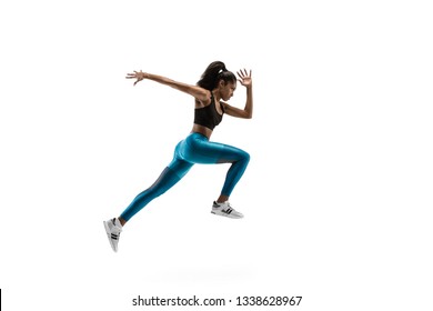 Young African Woman Running Isolated On White Studio Background. One Female Runner Or Jogger. Silhouette Of Jogging Athlete