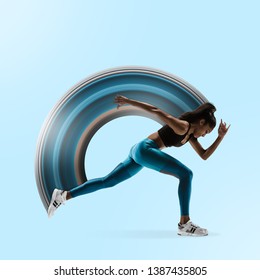 Young african woman running isolated on blue studio background. One female runner or jogger. Silhouette of jogging athlete. Concept of healthy lifestyle, sport, movement, action. Abstract design.