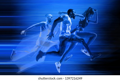 Young african-american and caucasian men and woman running isolated on blue studio background. Silhouette of jogging athletes with shadows in neon light. Movement or motion. Creative collage.