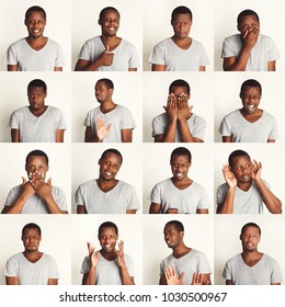 Young African-american Man Emotional Faces, Expressions Set: Happy, Thoughtful, Frightened, Angry, Pensive, Disappointed Man Over White Studio Background