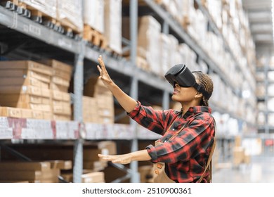 Young africn woman wearing virtual reality (VR) goggles stands in middle of warehouse with shelves stocked, traditional workwear and modern technology, technology logistics in industrial and warehouse - Powered by Shutterstock