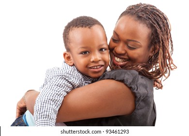 Young afro american mother with her son isolated over a white background.