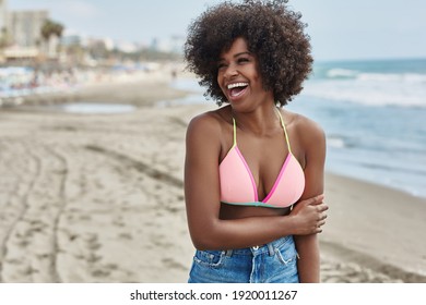 Young Afro American Woman Laughing On Beach