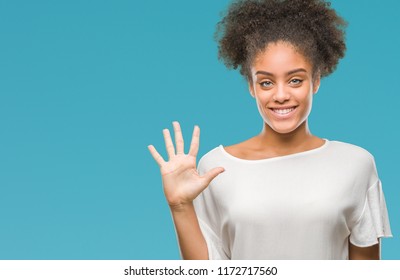 Young Afro American Woman Over Isolated Background Showing And Pointing Up With Fingers Number Five While Smiling Confident And Happy.