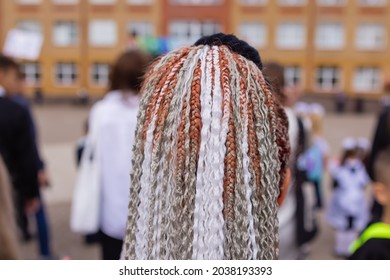 Young Afro With Blonde Box Braids, African Hair Style Also Known As Kanekalon Braids. Close Up On Decoration And Style.