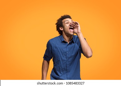 Young afro man shouting. Crying emotional man screaming on blue studio background. Male half-length profile portrait. Human emotions, facial expression concept. Trendy colors.