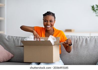 Young Afro woman opening cardboard box, satisfied with good delivery service, receiving online store order, sitting on couch at home. Millennial black lady unpacking parcel in living room Young Afro woman opening cardboard box, satisfied with good delivery service, receiving online store order, sitting on couch at home. Millennial black lady unpacking parcel in living room