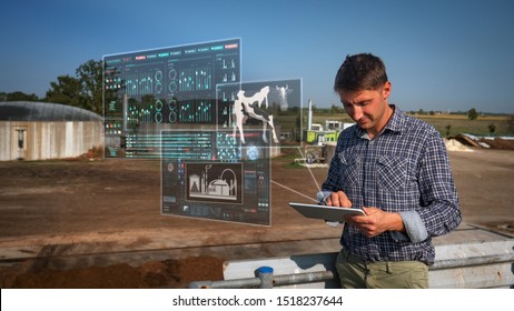 An young agronomist is using a tablet with futuristic augmented reality holograms for controlling a quality of an organic cow manure compost used for agricultural soil cultivation and for biogas.