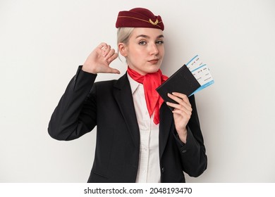 Young Air Hostess Caucasian Woman Holding Passport Isolated On White Background Feels Proud And Self Confident, Example To Follow.