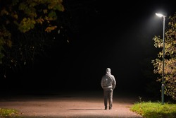 Young Alone Man In Warm Clothes Standing On Road Under Lamp Light In Autumn Night. Back View. Road To Nowhere Concept. 