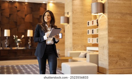 Young, ambitious businesswoman using tablet on the move - Powered by Shutterstock