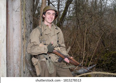 a young American soldier ww2 in the ruins 