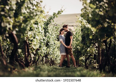 Young amorous couple holding hands in middle of vineyards on sunny day.Both man and woman stand in close proximity to each other and share this moment of love.Couple is surrounded by vineyard leaves. - Powered by Shutterstock