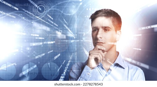 Young analyst focused on stream of binary code and big data statistics flowing in a virtual screen.